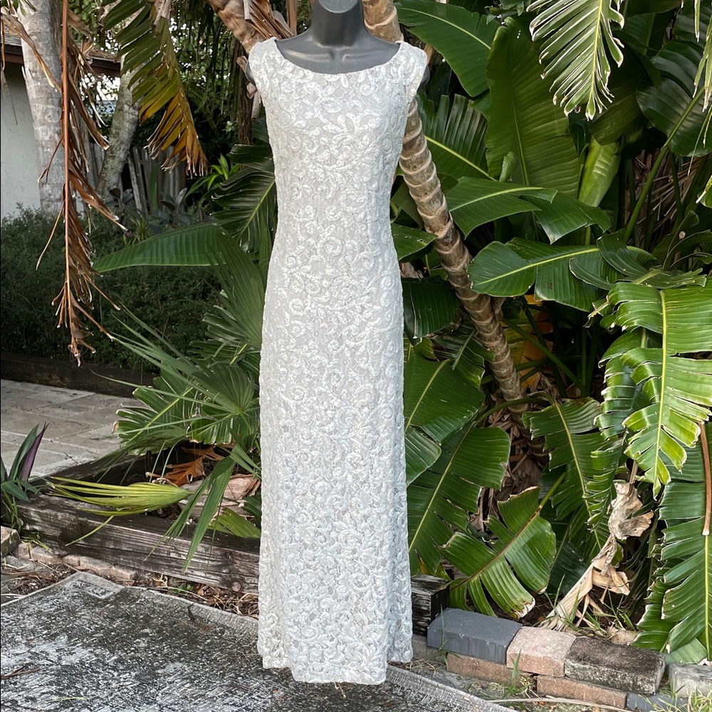 Ralph Lauren, silver chain, mail, floral, lace column gown